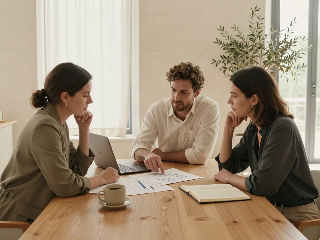 Consulting team reviewing business data together around a sunlit meeting table